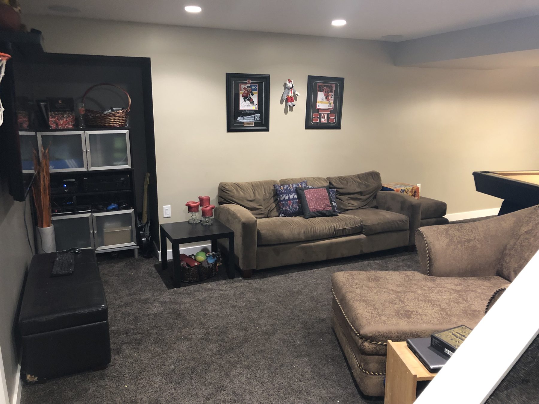 Finished basement family room by Springbank Electrical